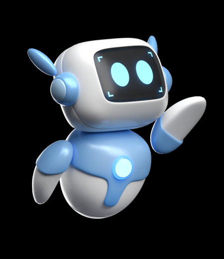 A futuristic AI robot with a glowing blue and white design, floating beside a text block titled 'Revolutionizing Marketing with AI' on a black background